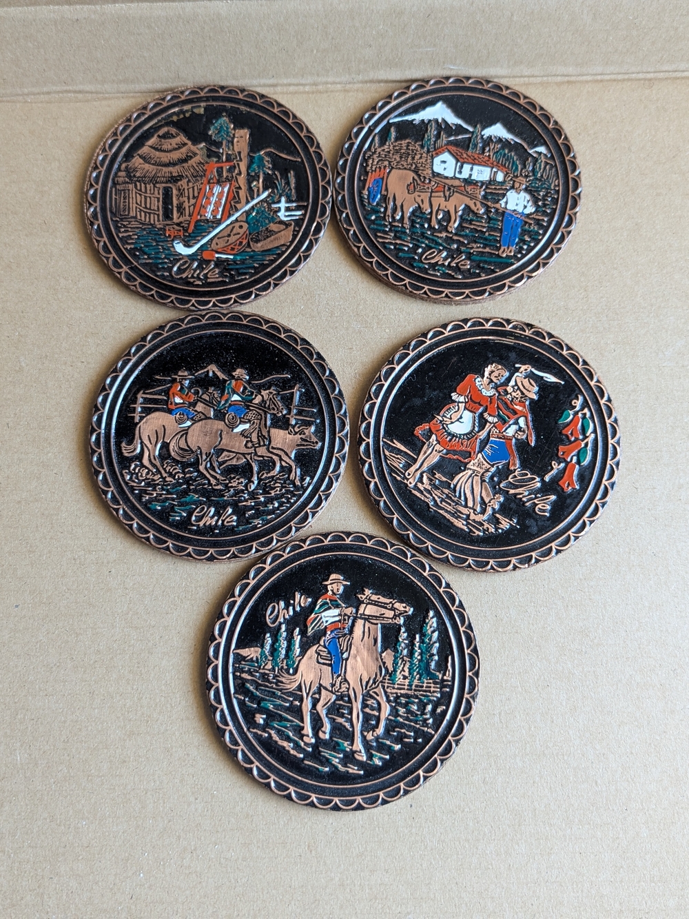 VTG Chile Embossed Copper Leather Coasters Set Huaso Cowboy Cueca Dancing 3.5"
